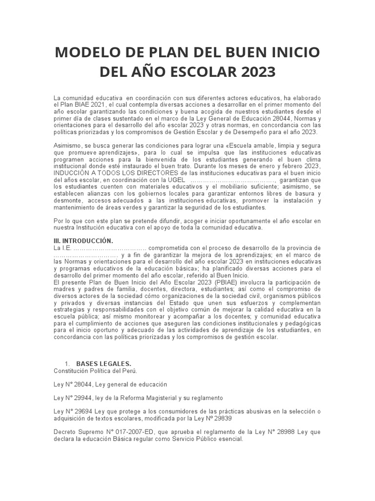 Plan de Buen Inicio Escolar 2023 | PDF | Educación primaria | Enseñando