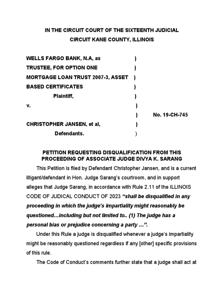 Petition For Disqualification Illinois Judge PDF Lawsuit Pleading
