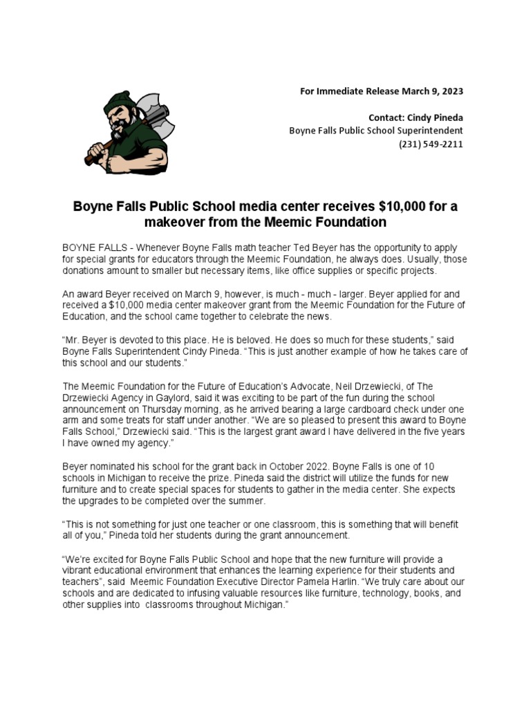 Boyne Falls Media Center Grant PDF Teachers