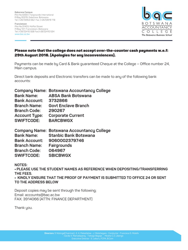 BAC Banking Details and Payment Info | PDF