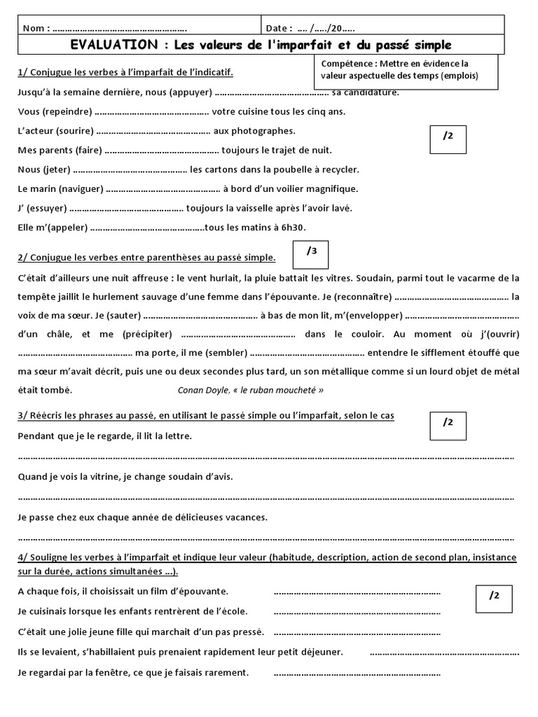 Evaluation Imparfait Passe Simple 6eme Evaluation Valeur Imparfait-Passé-simple | PDF