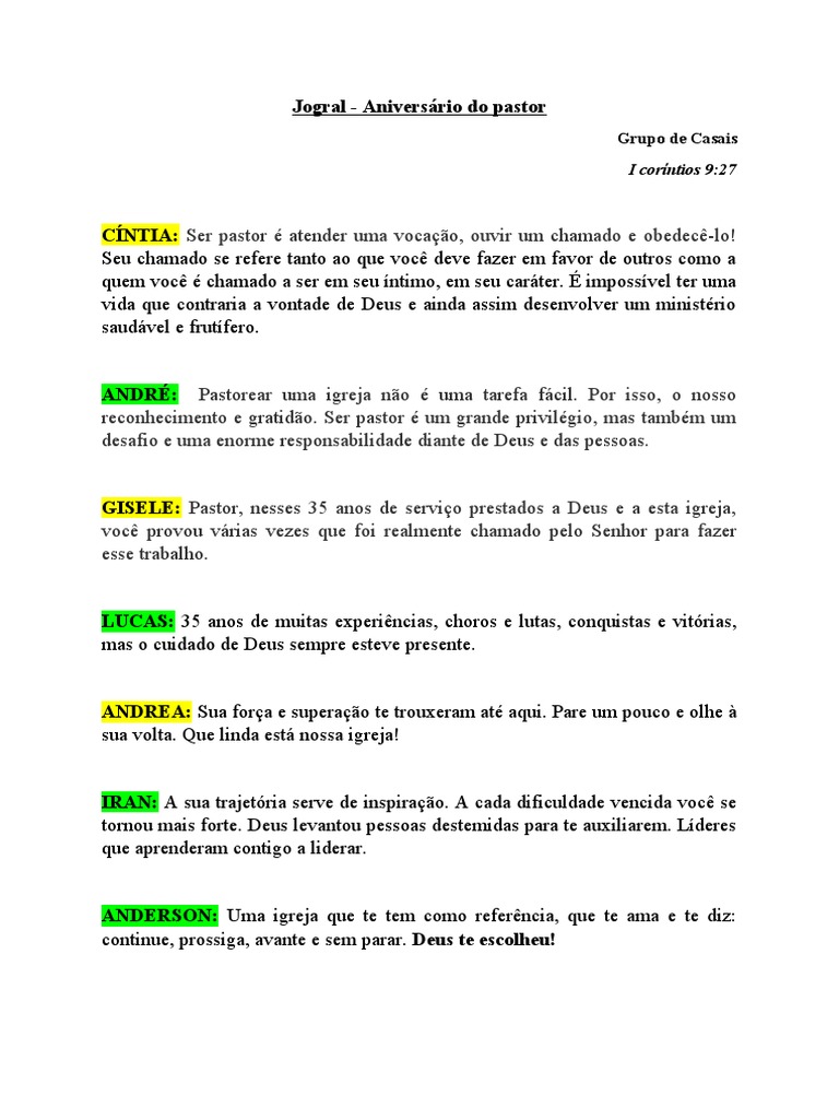 Jogral Aniversário do pastor. | PDF