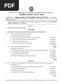 Grade 10 English Literature 3rd Term Test Paper 2020 North Western Province