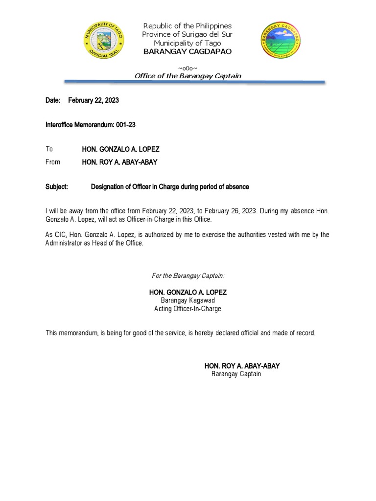 Designation of Officer-in-Charge Memo | PDF