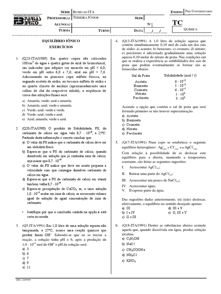 10 Exercícios Sobre Equilíbrio Iônico, Ph E Poh – TYPGT