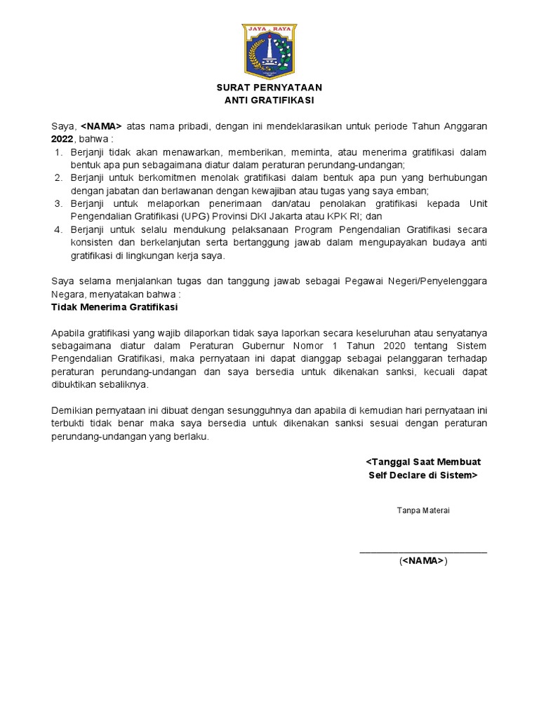 Contoh Self Declare Tidak Menerima Gratifikasi | PDF