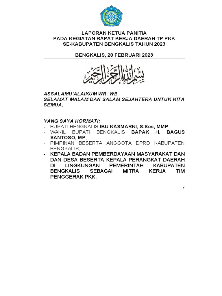 Laporan Ketua Panitia Rapat Kerja PKK 2023 | PDF