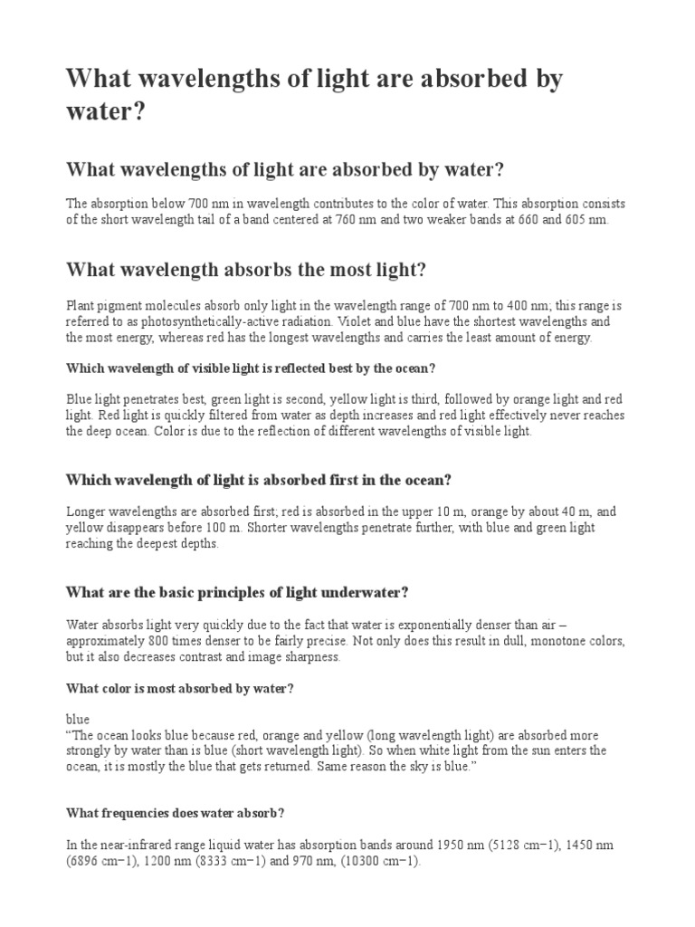 What Wavelengths of Light Are Absorbed by Water PDF