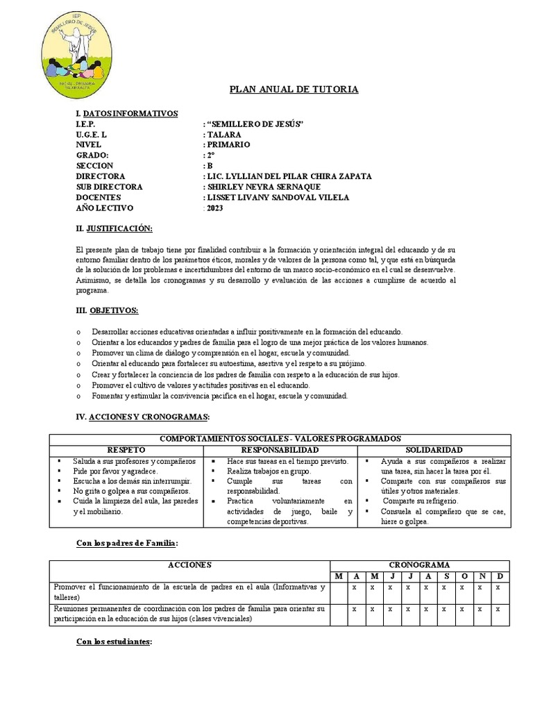 Plan de Tutoria Segundo Grado - 2023 | PDF | Evaluación | Salón de clases