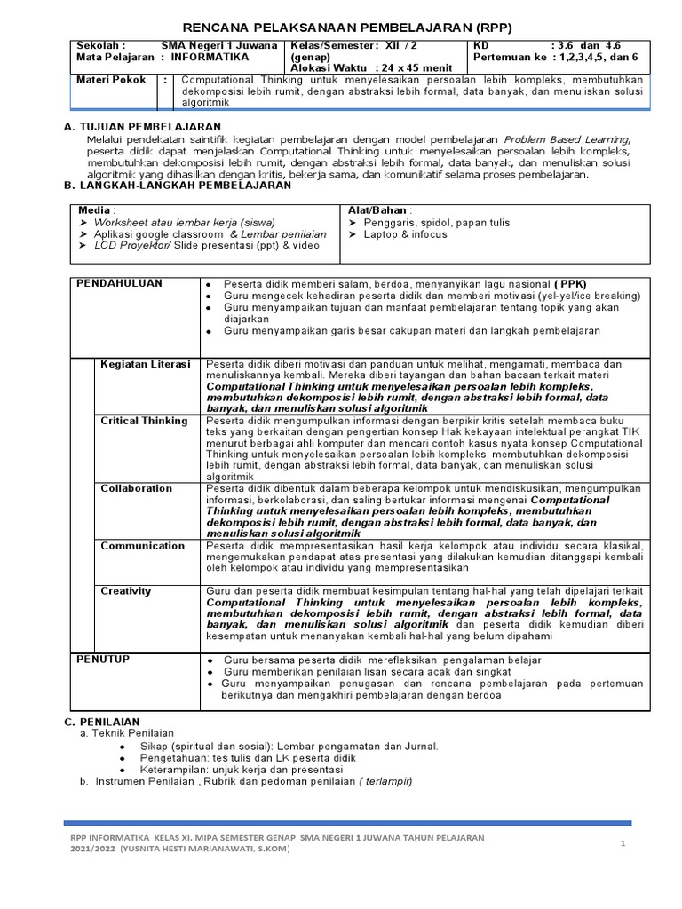 RPP Informatika Xii Mipa Semester Genap Yusnita 2021 | PDF | Karier ...