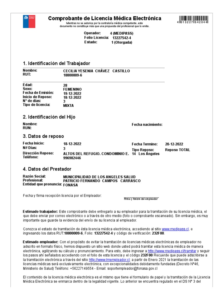 Comprobante de Licencia Médica Electrónica 1. Identificación Del Trabajador PDF