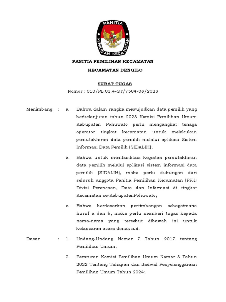 Surat tugas operator e coklit dan sidalih pdf