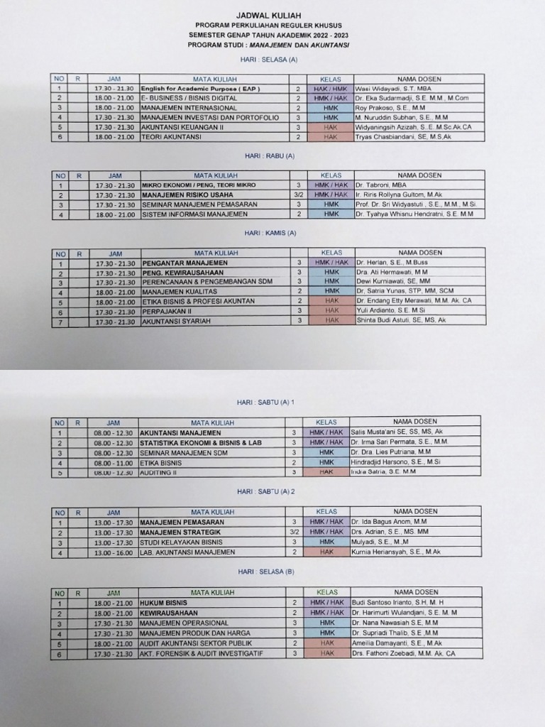 Jadwal Kuliah Manajemen dan Akuntansi 2023 | PDF