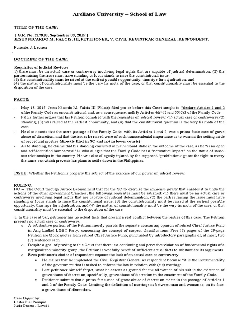 Falcis V CIvil Registrar Case Digest PDF Standing (Law) Case Or