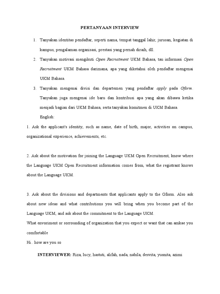 UKM Bahasa Interview Questions Guide | PDF