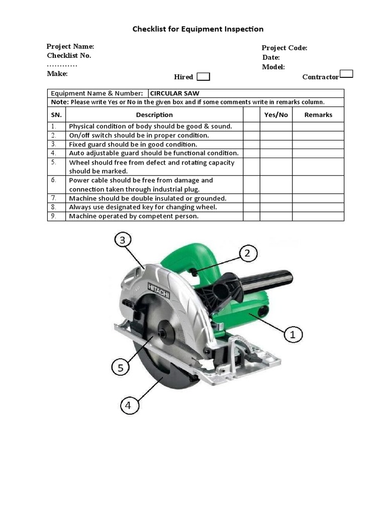 Checklist For Equipment Inspection Circular Saw | PDF
