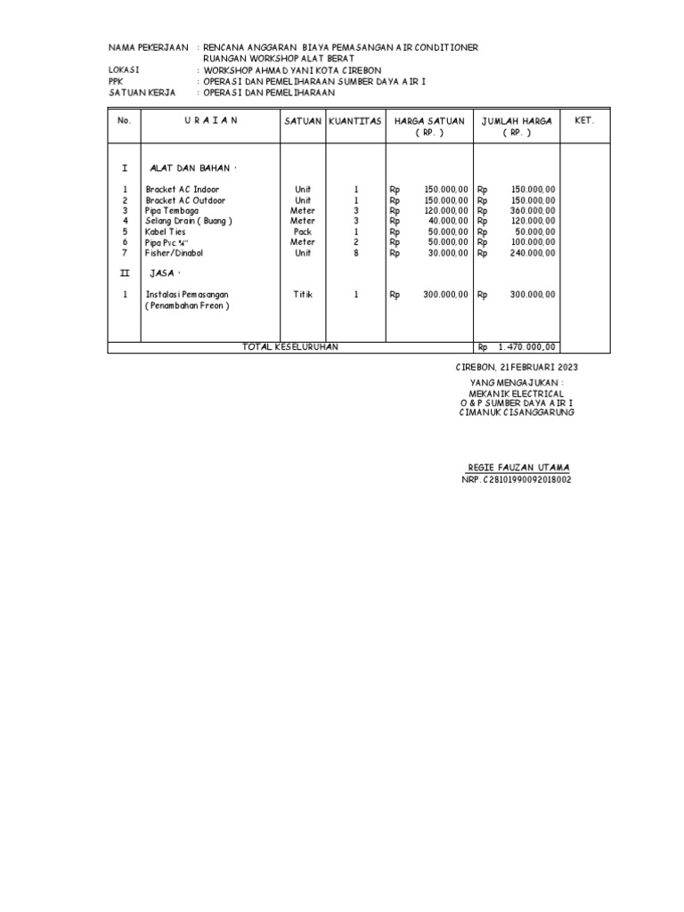 RAB Pemasangan AC Ruangan Workshop Alat Berat | PDF | Sains ...