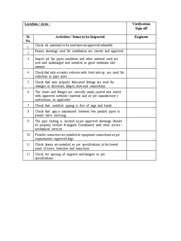Check List Chilled Water Piping PDF Pipe (Fluid Conveyance