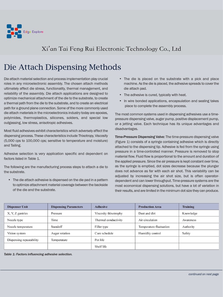 Die Attach Dispensing Techniques Explained | PDF | Pump | Adhesive