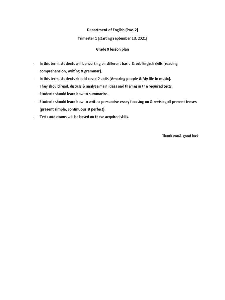 Grade 9 Lesson Plan (Trimester 1) | PDF