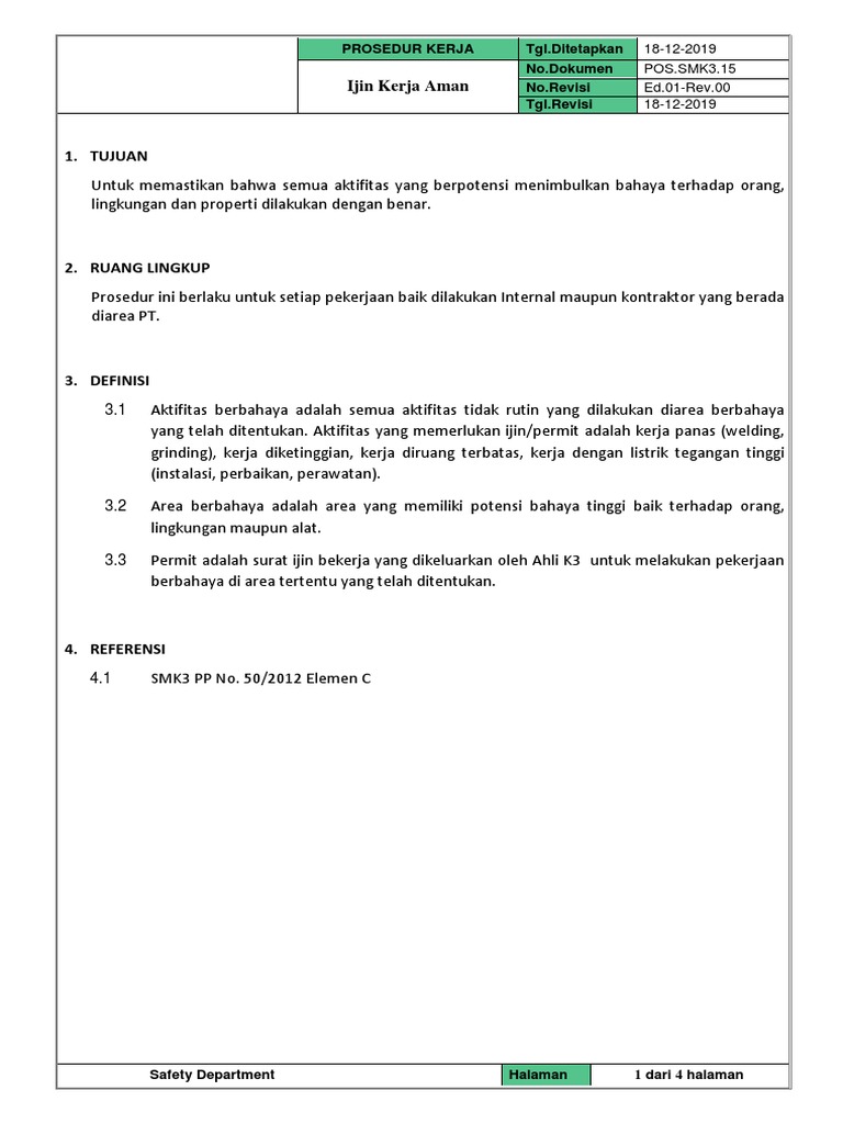 Prosedur Ijin Kerja Aman PT 2019 | PDF