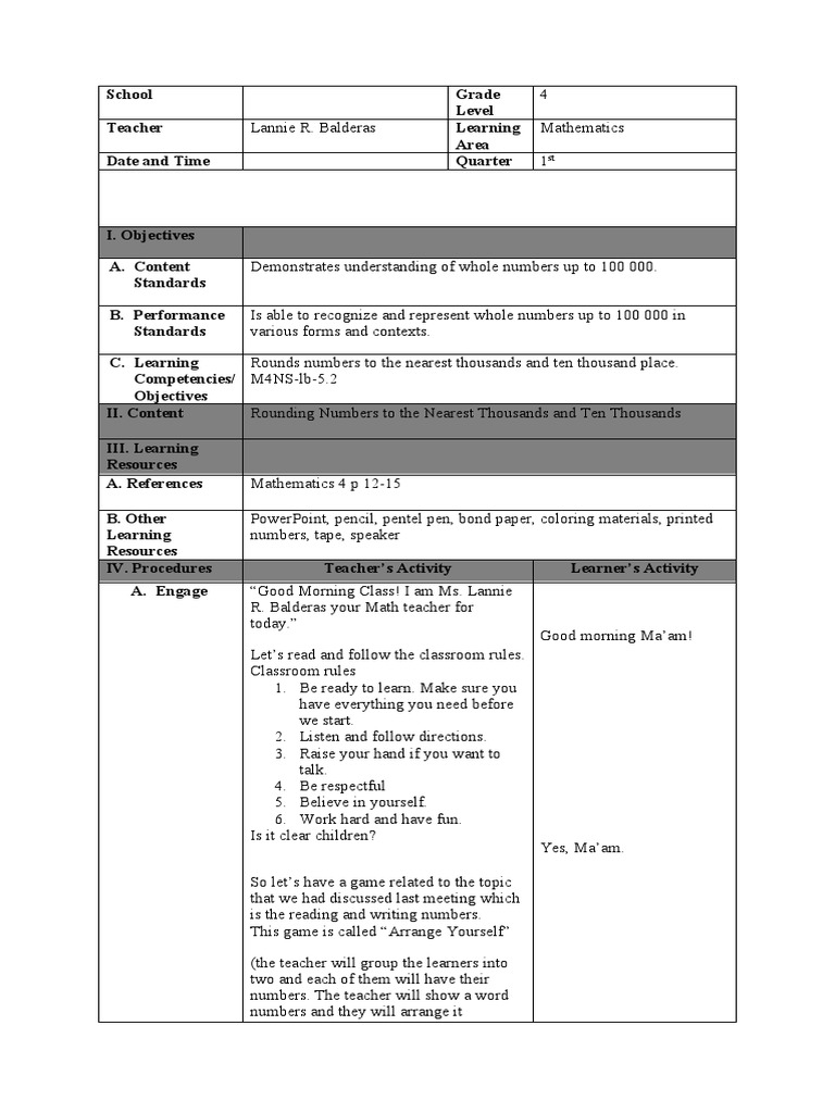 Lesson Plan Mathematics 4 | PDF | Learning | Education Theory