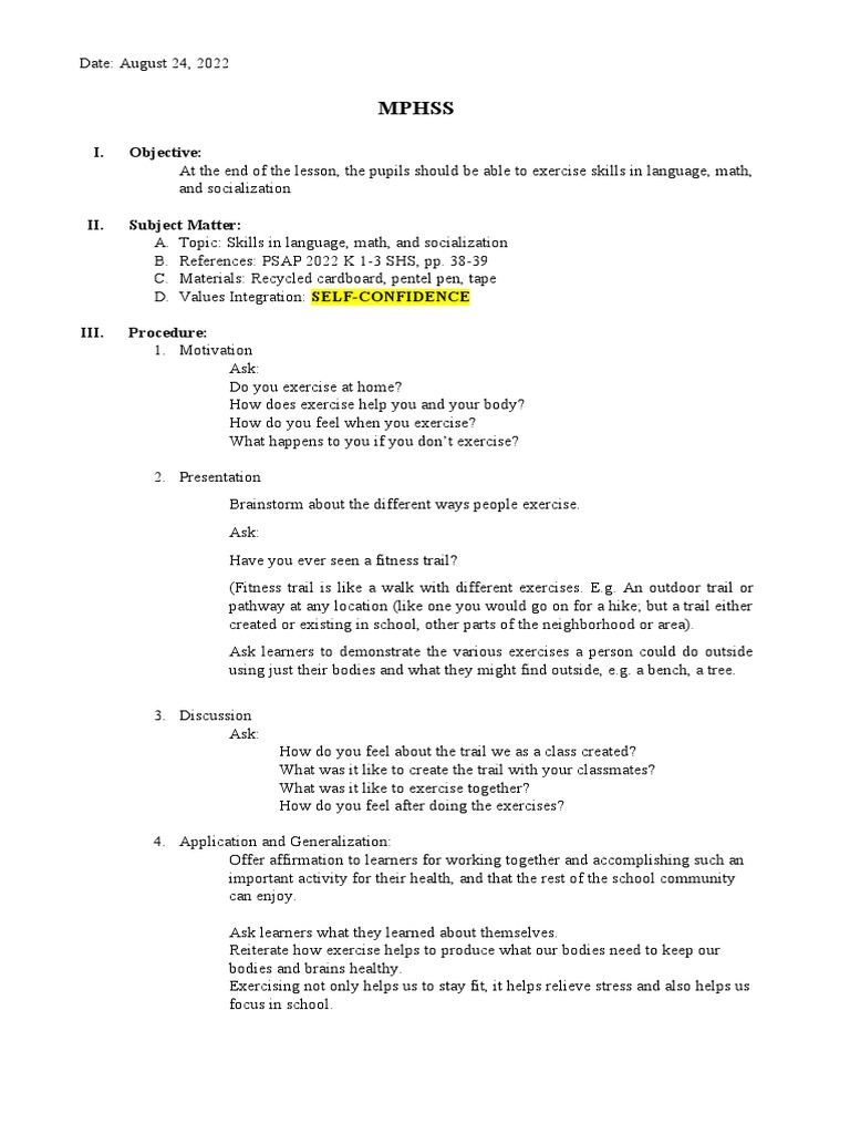 MPHSS Lesson Plan Day 3 | PDF | Learning | Physical Fitness