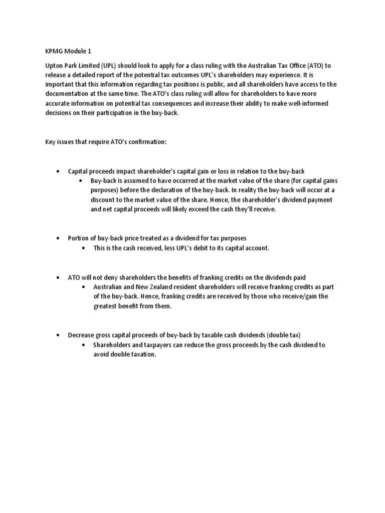 UPL Seeks ATO Class Ruling on Buyback Tax Outcomes | PDF