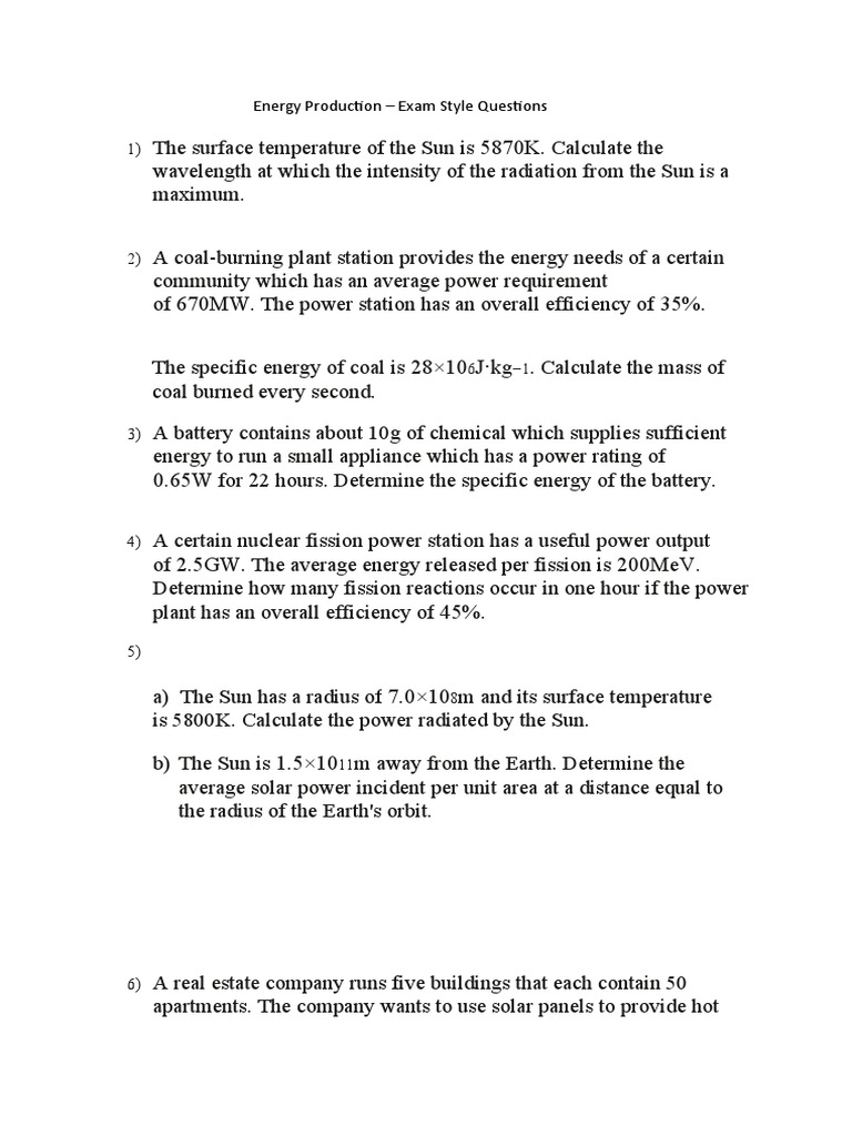 Energy Production Exam Questions | PDF