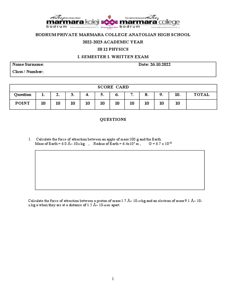 Physics PRE IB Exam PDF