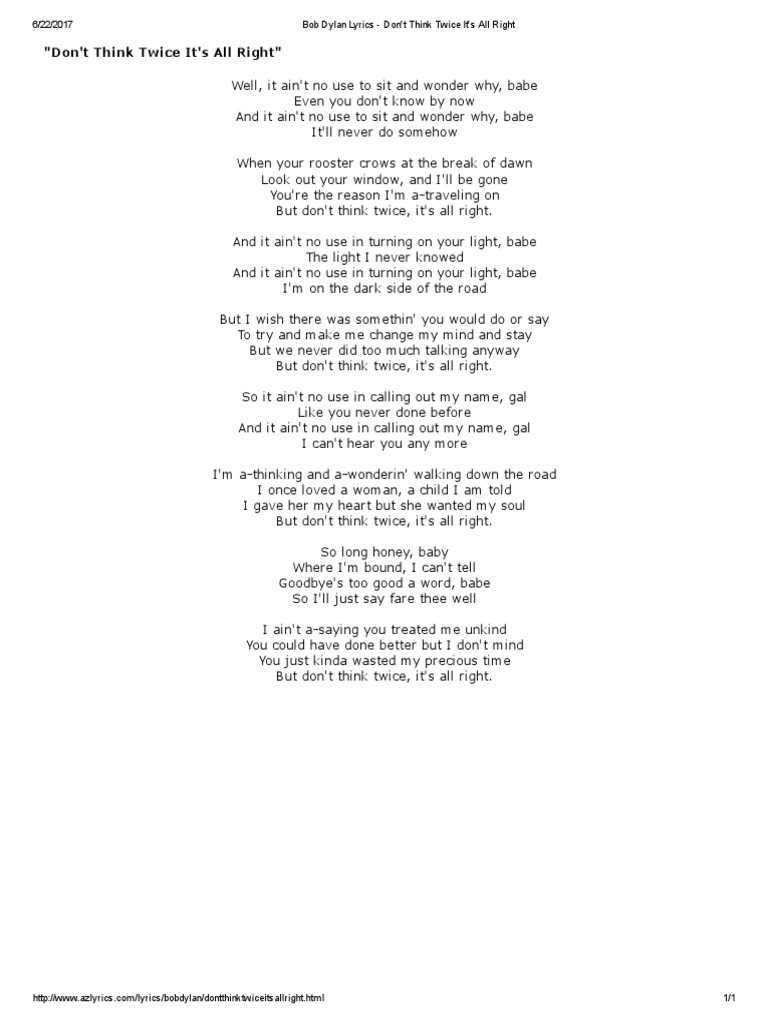 Bob Dylan Lyrics - Don't Think Twice It's All Right | PDF