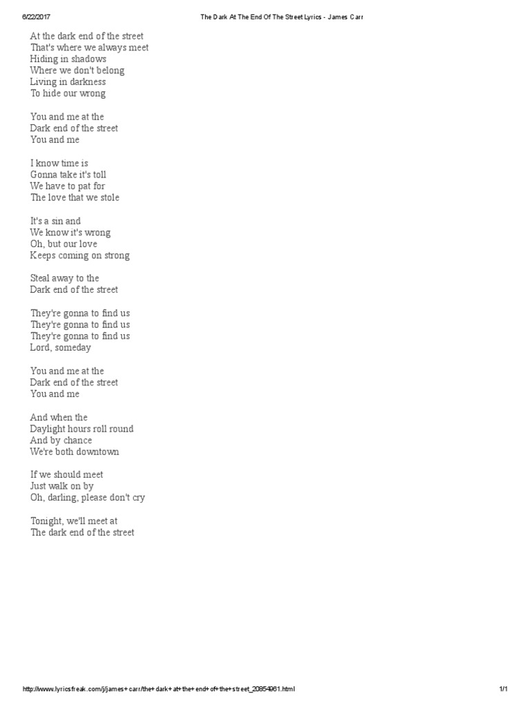 The Dark at The End of The Street Lyrics James Carr PDF