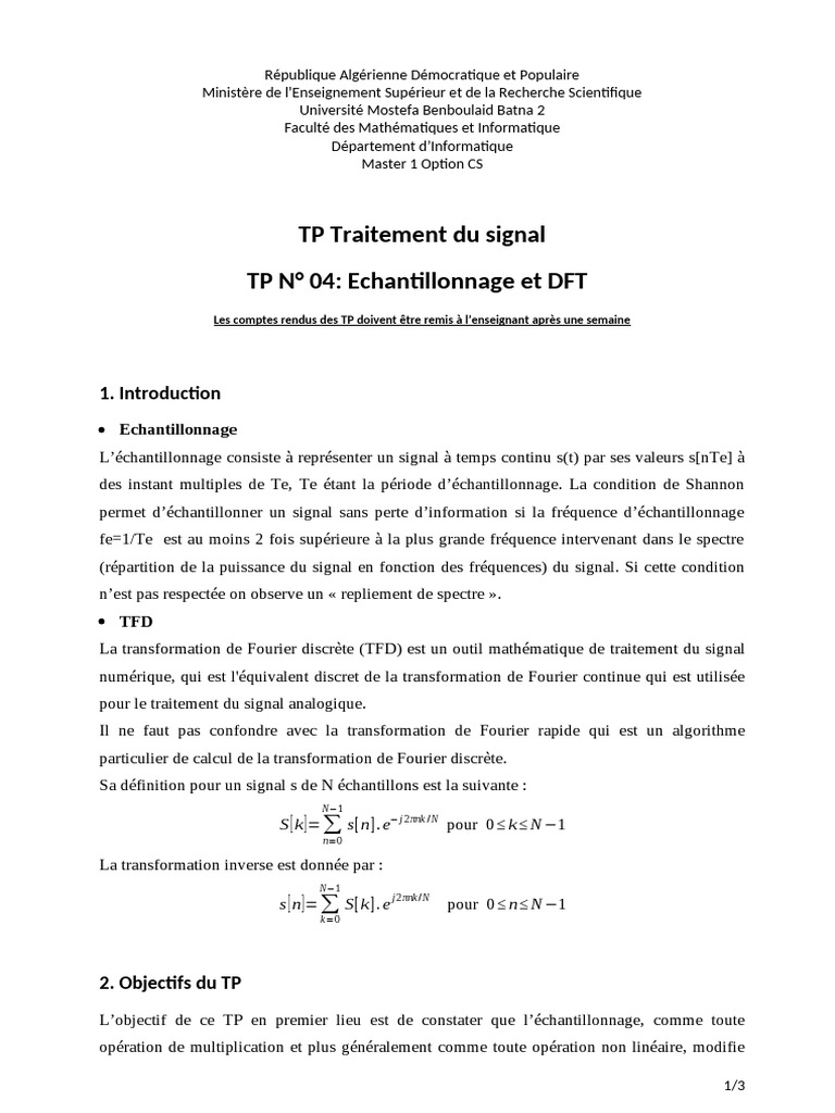 Échantillonnage et TFD en Traitement du Signal | PDF | Transformation ...