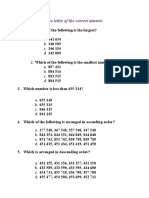 Quiz-Comparing and Ordering Numbers