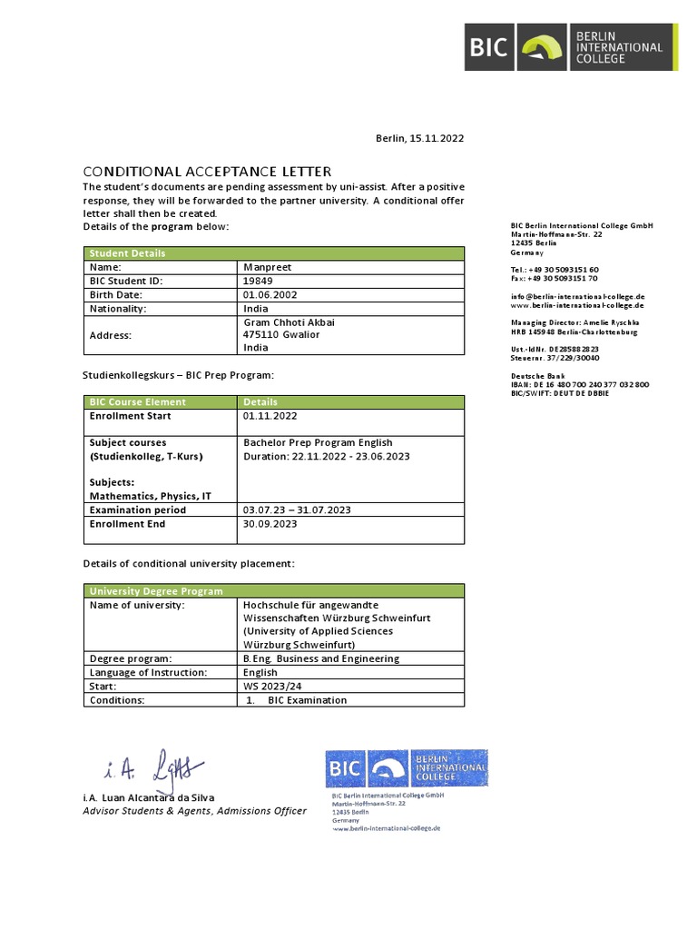 Conditional Acceptance for BIC Program | PDF | Vocational Education ...