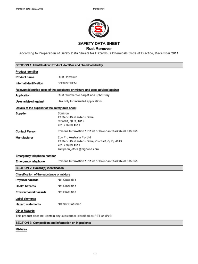 MSDS RustRemoverSDS5048 PDF Toxicity Dangerous Goods
