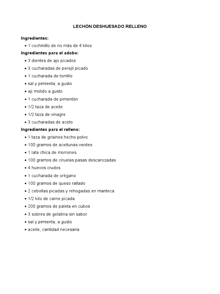 Lechón Deshuesado Relleno Receta | PDF