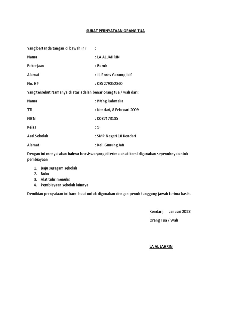 Surat Pernyataan Orang Tua | PDF