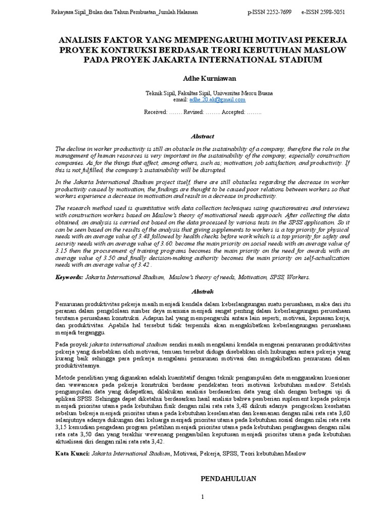 Analysis of Factors Affecting Construction Project Worker Motivation