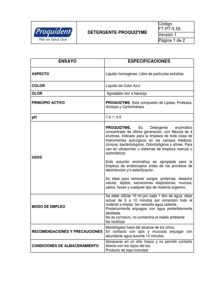 Ficha Tecnica Proquizyme Enzimatico | PDF | Detergente | Agua