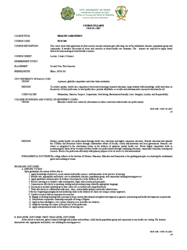 Applying Ethical Principles To Nursing Practice A Course Syllabus For