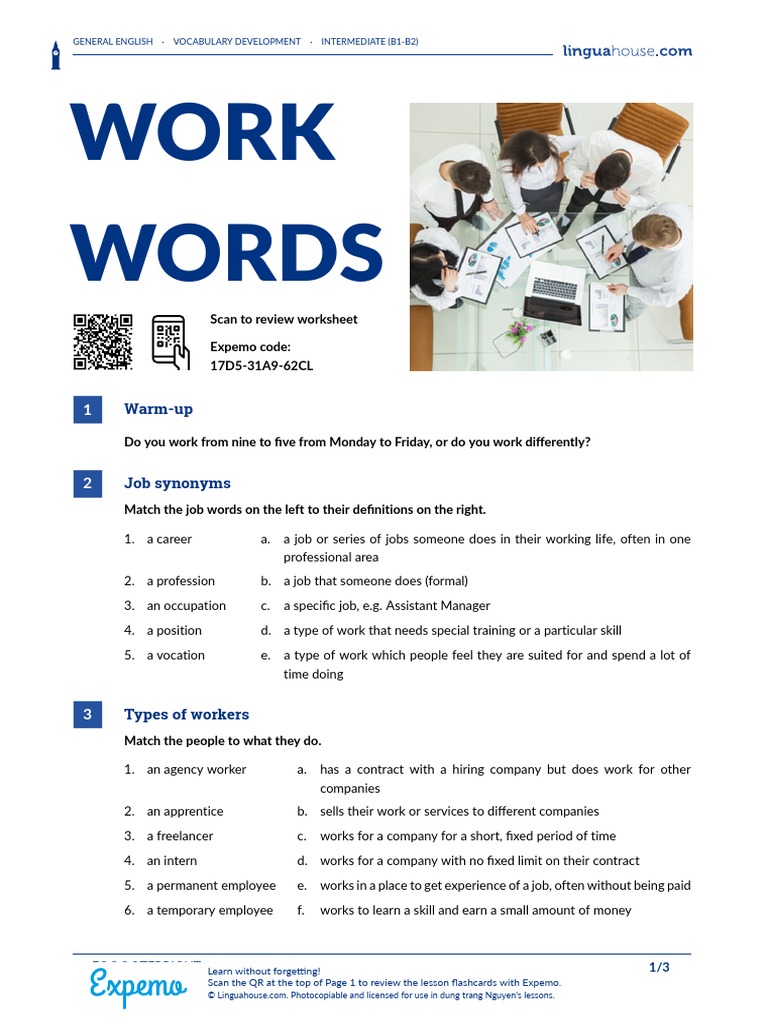 Intermediate Work Vocabulary Guide | PDF | Employment | Labor Relations