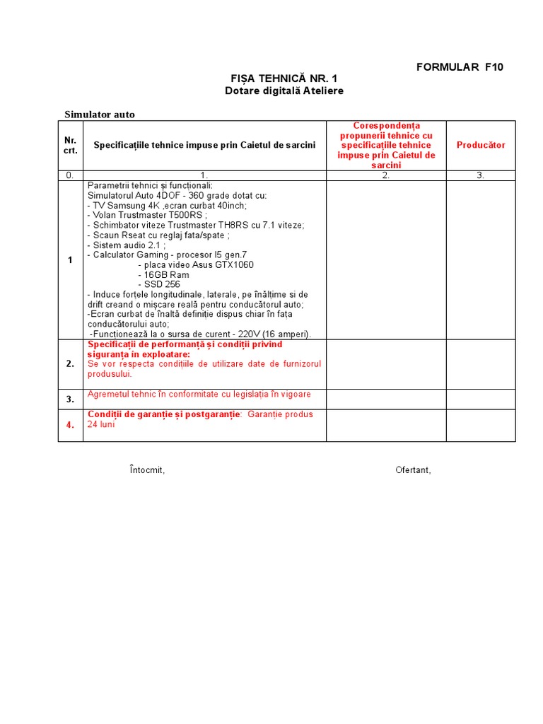 Fisa Tehnica Simulator Auto | PDF