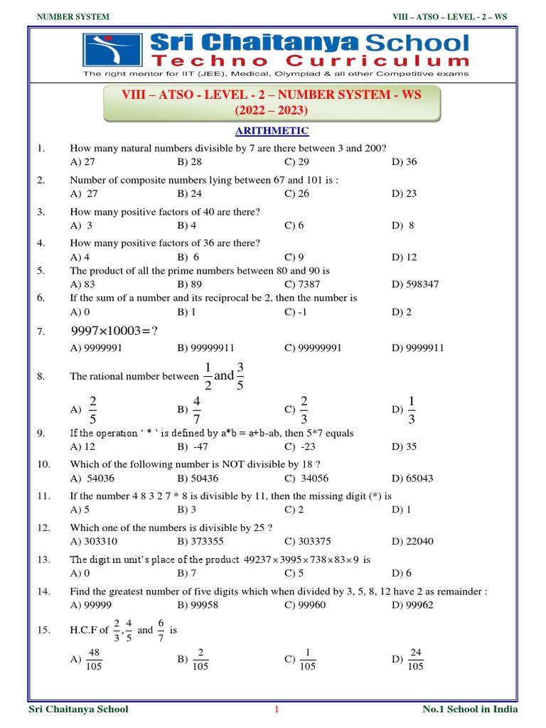 ATSO Level 2 Number System Worksheet | PDF | Numbers | Prime Number