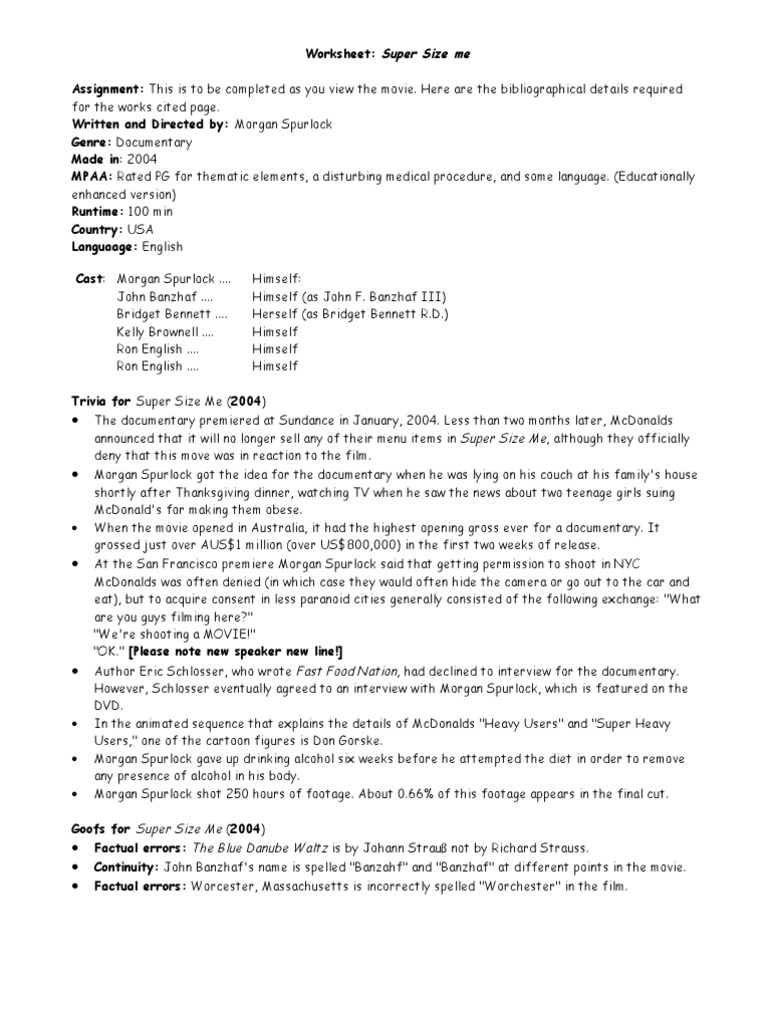 Super Size Me Worksheet 1 Calorie Food And Drink