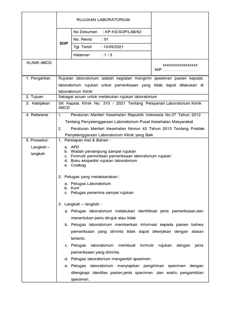 Prosedur Rujukan Laboratorium Klinik | PDF