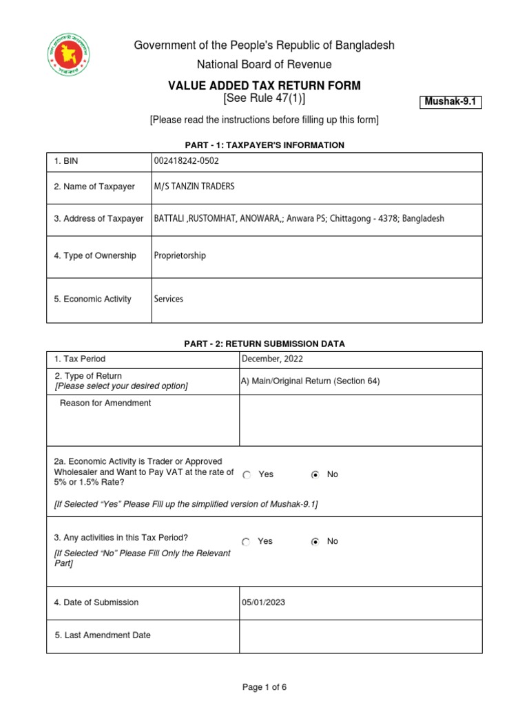 Mushak9.1 VAT Return On 11.JAN.2023 PDF Value Added Tax Taxes