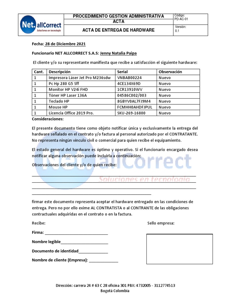 Acta de Entrega de Hardware | PDF | Tecnología de información y ...