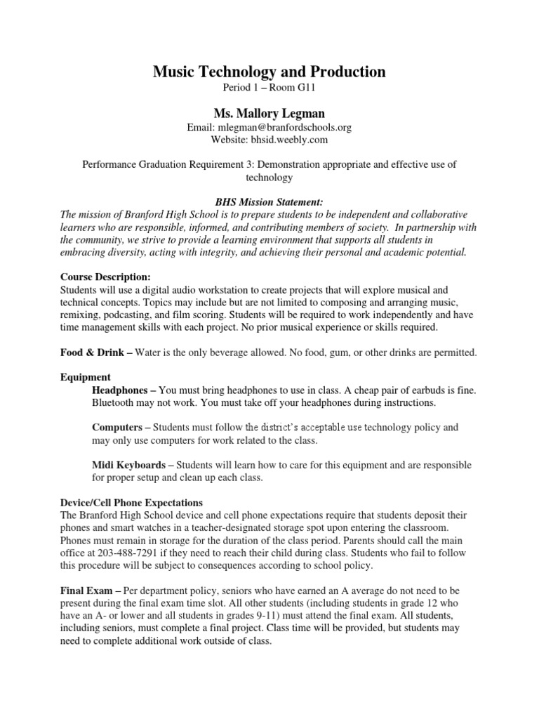 Music Technology and Production Syllabus PDF Learning Communication