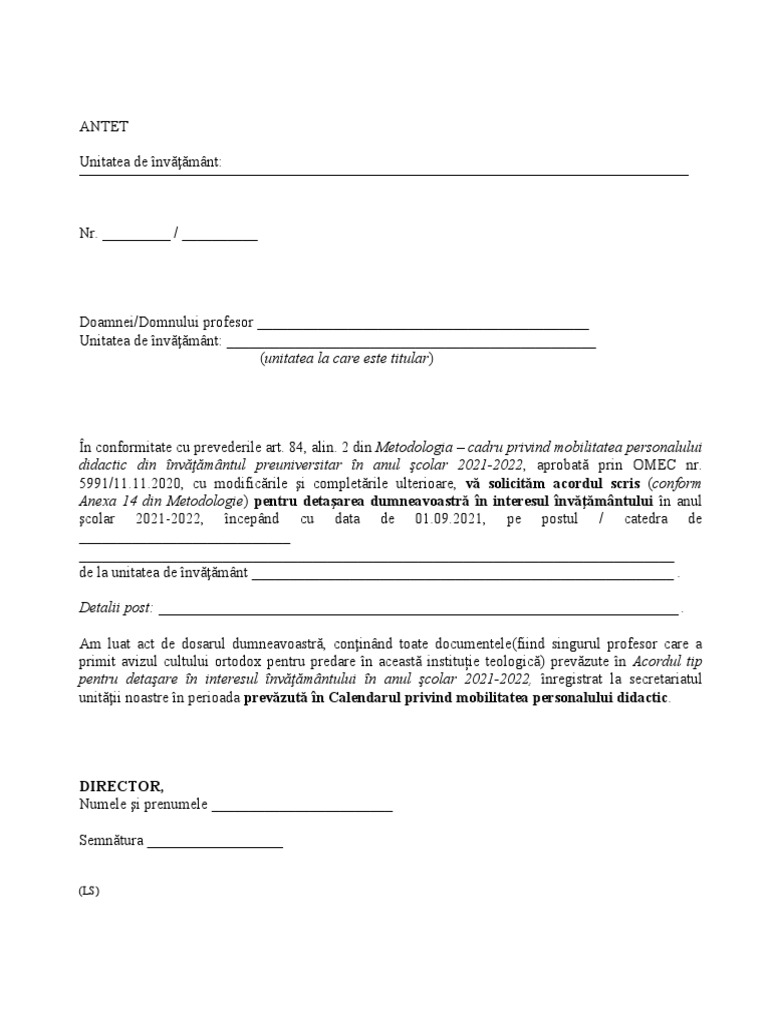 Model Solicitare Detasare in Interesul Invatamantului 2 | PDF